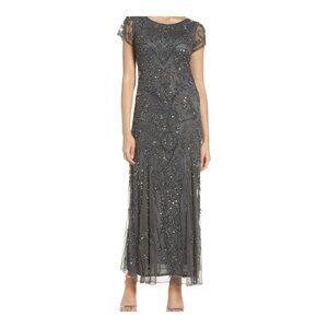 Pisarro Nights Gray Pleated Gown with Flutter Cap Sleeves